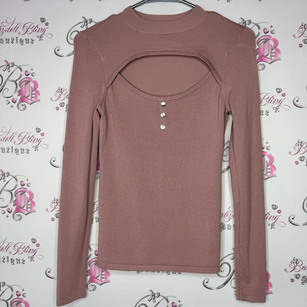 Guess top long sleeve open cut out front light blush rose pink silver studs